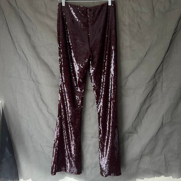 Pretty Little Thing Oxblood Red Sequin Flared Leg Pants US Size 4 - Picture 5 of 8